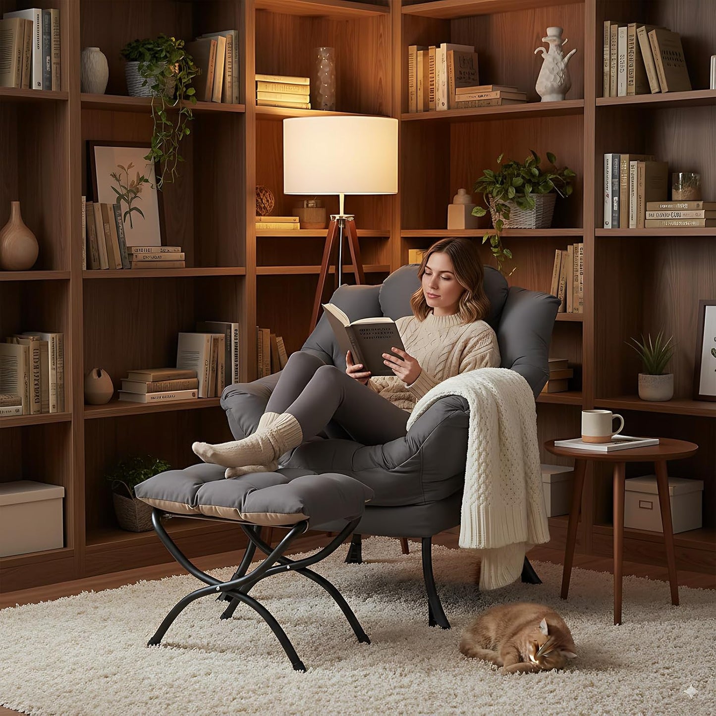 Lazy Chair with Ottoman, Modern Accent Leisure Upholstered Lazy Sofa Armchair, Contemporary Lounge Reading Chair with Armrests and a Side Pocket for Living Room, Bedroom & Small Space, Dark Grey