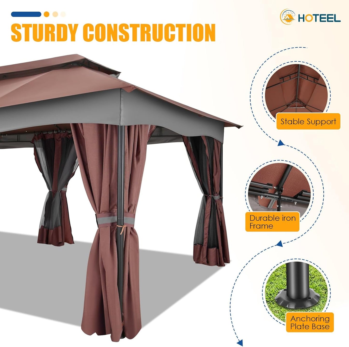 Gazebo 12X20, Outdoor Gazebo on Clearance with Double Ventilated Arc Roof, Privacy Curtains & Mosquito Netting, Easy Set up Canopy Tent with Stable Metal Frame for Patio, Brown