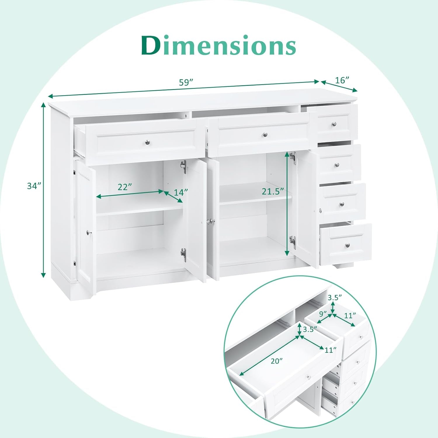 Large Buffet Cabinet with Storage, 59” Kitchen Cabinet with 4 Doors, 6 Drawers & 2 Adjustable Shelves, Modern Sideboard for Living Room, Coffee Bar, White