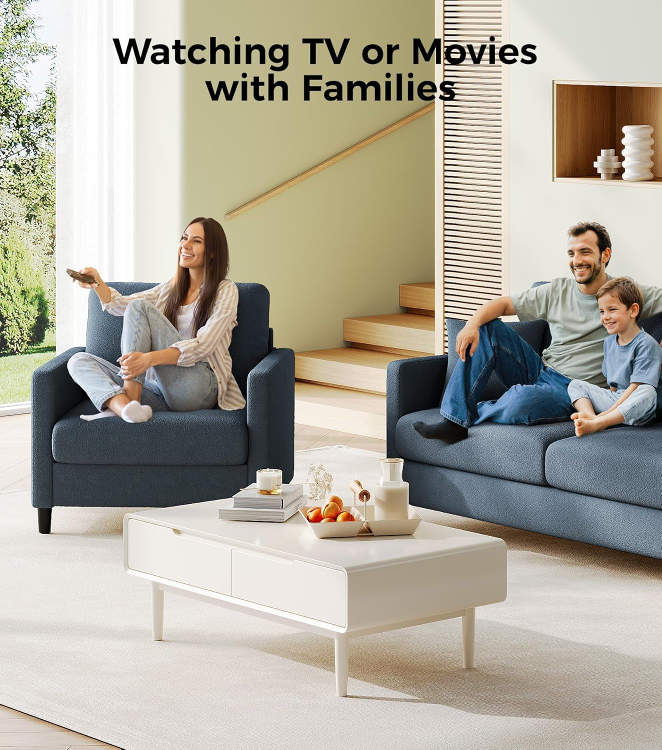 Sofa Accent Chair, 33" Reading Chair for Bedroom, Tool-Free Setup Living Room Accent Chairs, Comfy Arm Chairs Living Room, All-Wood Reading Nook, Blue Grey