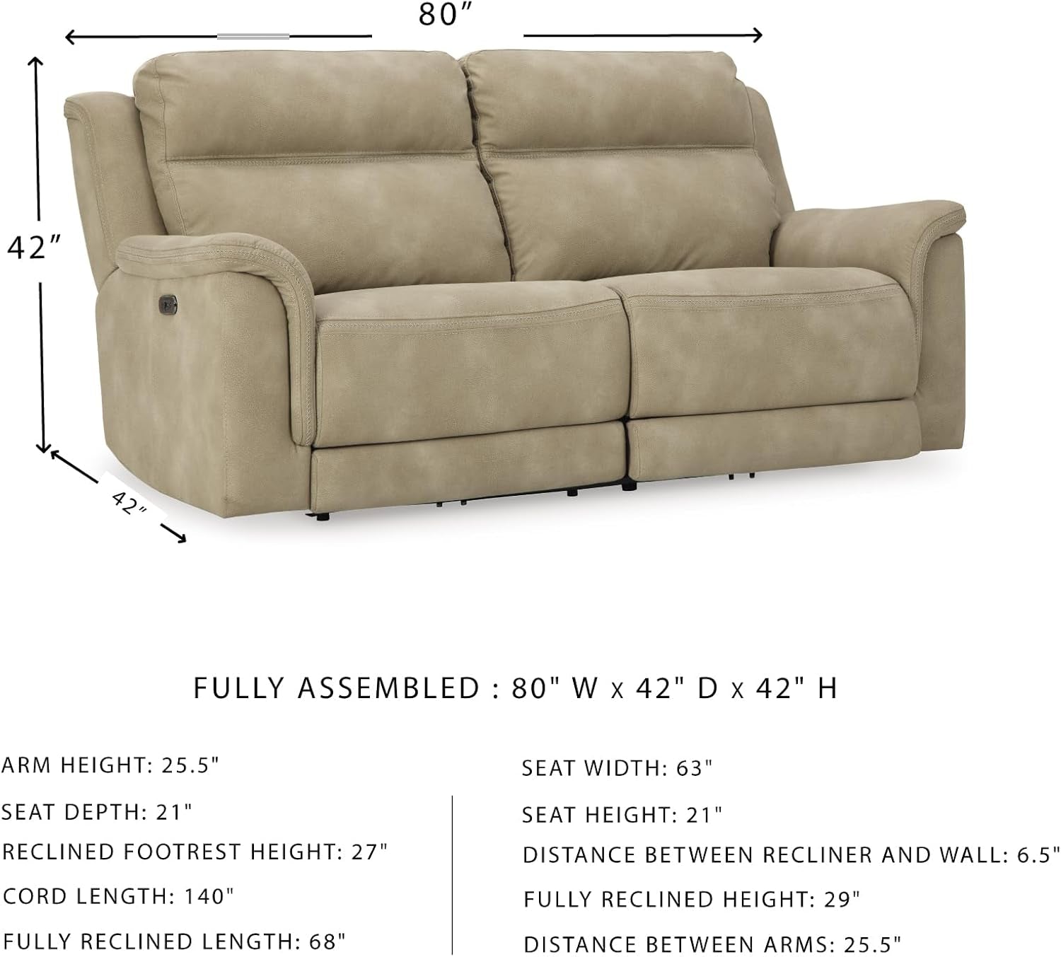 Next-Gen Durapella Power Reclining Sofa with Adjustable Headrest, USB, Extended Ottoman, Faux Leather, 80" W X 42" D X 42" H, Beige Sand