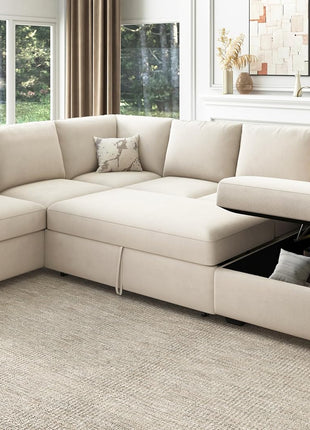 Elegant U-Shaped Sectional Sofa with Pull-Out Bed and Storage in Velvet Beige