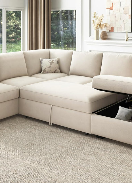 Elegant U-Shaped Sectional Sofa with Pull-Out Bed and Storage in Velvet Beige