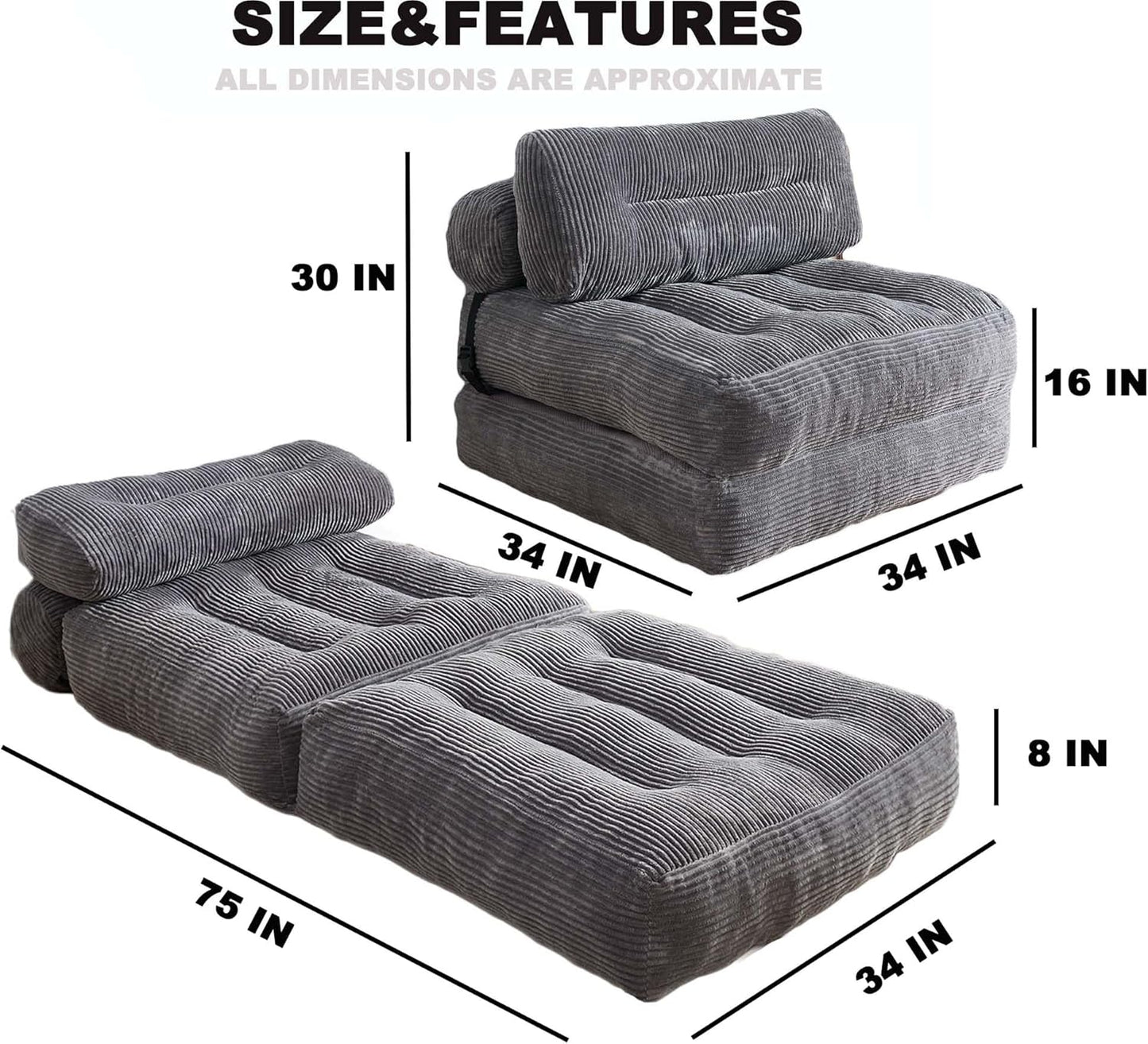 Folding Sofa Bed, Convertible Sleeper Chair Couch Bed Faux Rabbit Fur for Adults, with Back Support Floor Couch Comfy Floor Sofa for Living Room Bedroom, Dark Grey, Single