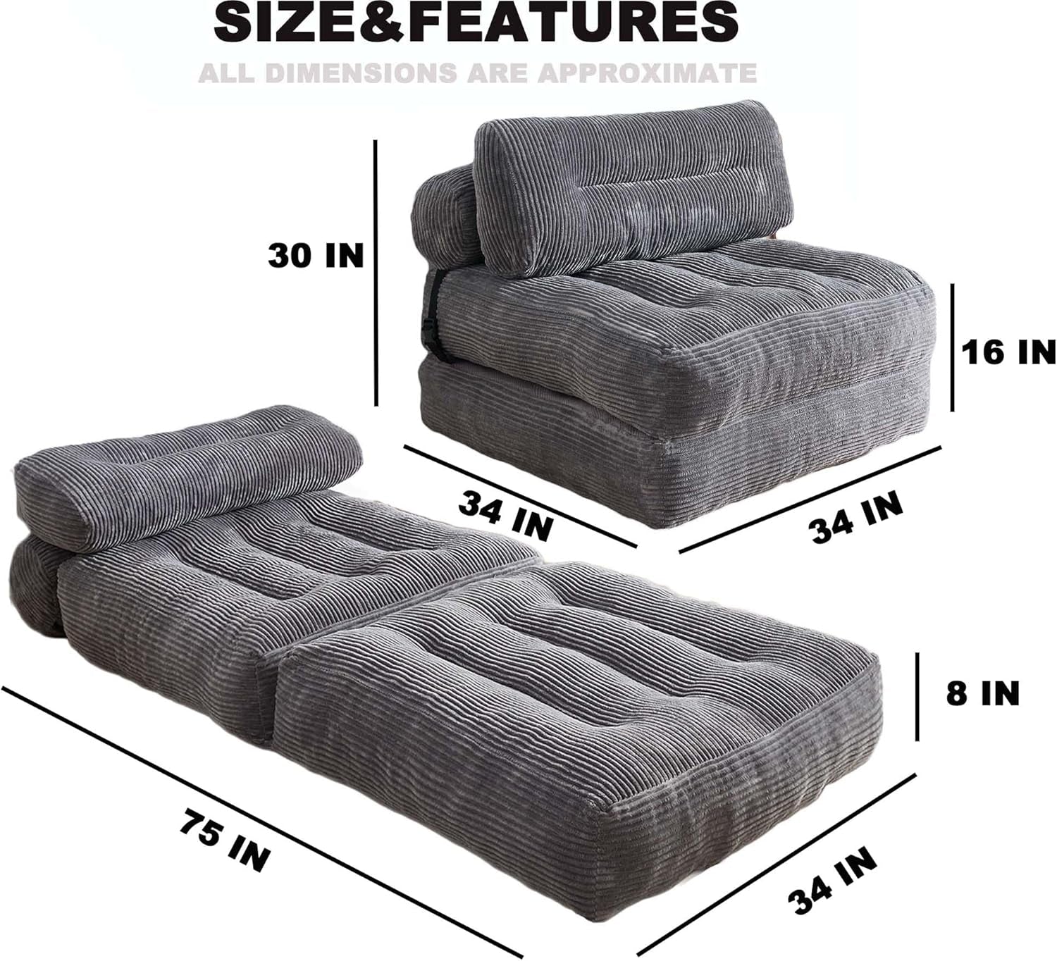 Folding Sofa Bed, Convertible Sleeper Chair Couch Bed Faux Rabbit Fur for Adults, with Back Support Floor Couch Comfy Floor Sofa for Living Room Bedroom, Dark Grey, Single