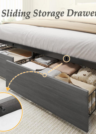 Queen Bed Frame with Dual-Tier Storage Headboard, Metal Construction, Integrated Fast-Charging Station, LED Lighting, Noise-Free Design, No Box Spring Required, Easy Assembly, Rustic Grey Finish