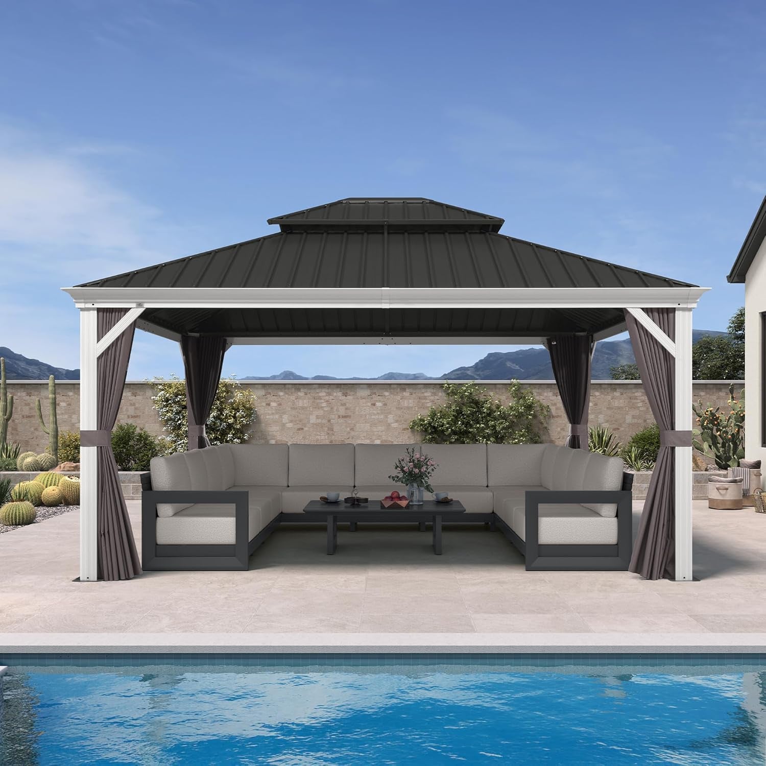 13' X 15' Hardtop Gazebo with Double Galvanized Steel Roof Awning and Upgrade Curtain for Patio Lawn and Garden, Grey