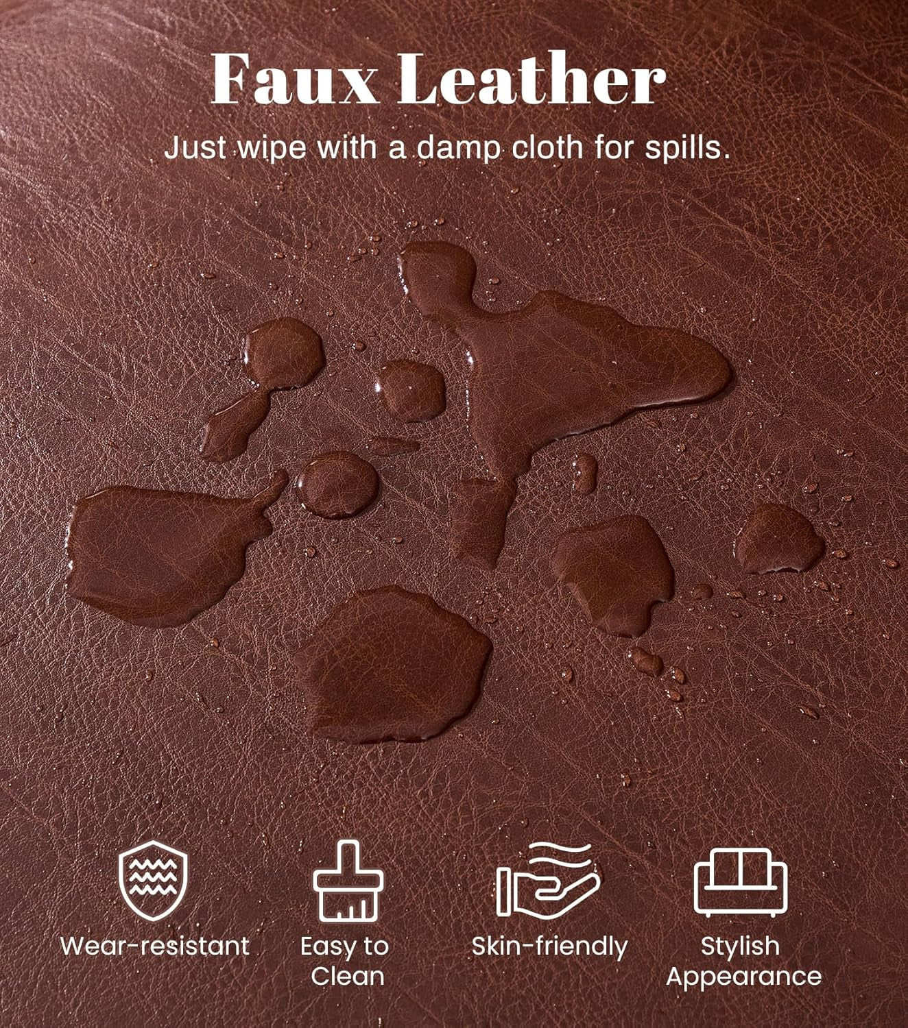 Mid-Century Modern Couch, Fux Lether Sof, 3 Seter Couch for Living Room with Rolled rms & Nilhed Trim, Drk Coffee