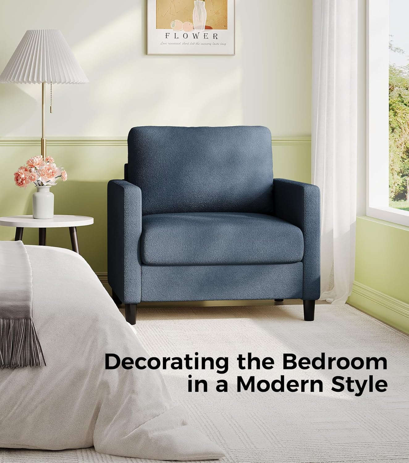 Sofa Accent Chair, 33" Reading Chair for Bedroom, Tool-Free Setup Living Room Accent Chairs, Comfy Arm Chairs Living Room, All-Wood Reading Nook, Blue Grey