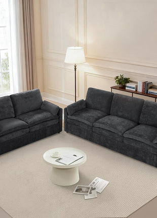 Chenille Upholstered Sofa Set in Dark Grey - 2-Piece Collection with Comfortable 3-Seat Couch and Loveseat, Featuring Thick Cushions and Deeper Seats for Enhanced Comfort in Living Room or Apartment