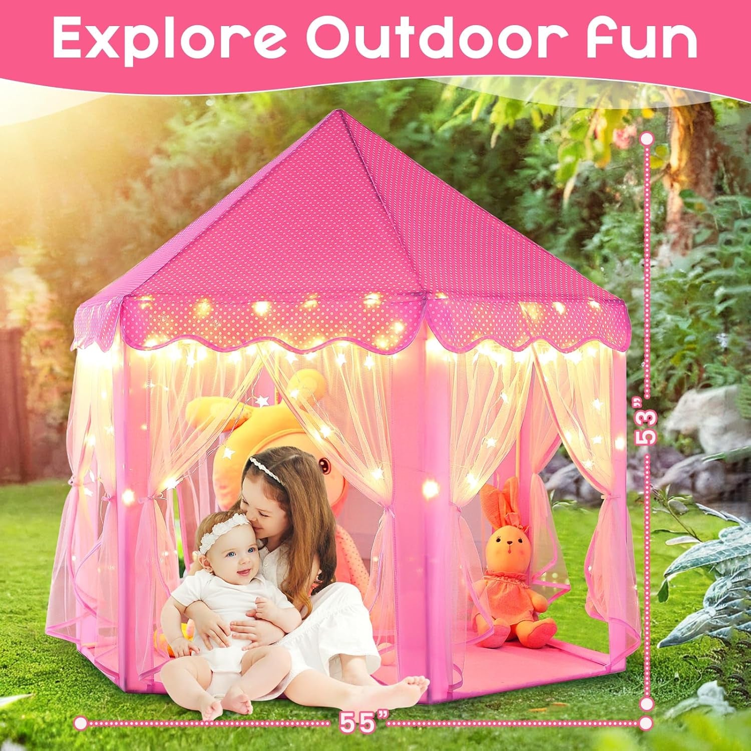 Princess Tent Girls Large Playhouse Kids Castle Play Tent with Star Lights Toy for Children Indoor and Outdoor Games, 55'' X 53'' (Dxh)