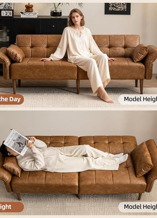 Luxurious 85” Futon Sofa Bed with Storage and Adjustable Armrests - Mid Century Modern Faux Leather Loveseat for Living Room, Bedroom, and Apartment in Elegant Brown Design