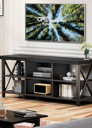 55-Inch Industrial Farmhouse TV Stand for TVs up to 65 Inches with 6 Storage Cabinets, Black Entertainment Center for Living Room