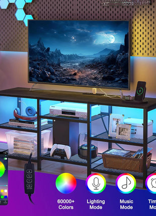 Contemporary TV Console for Screens up to 55 Inches with Integrated Power Outlet and LED Lighting, Featuring Open Storage Shelves for Living Room and Bedroom, Black Finish