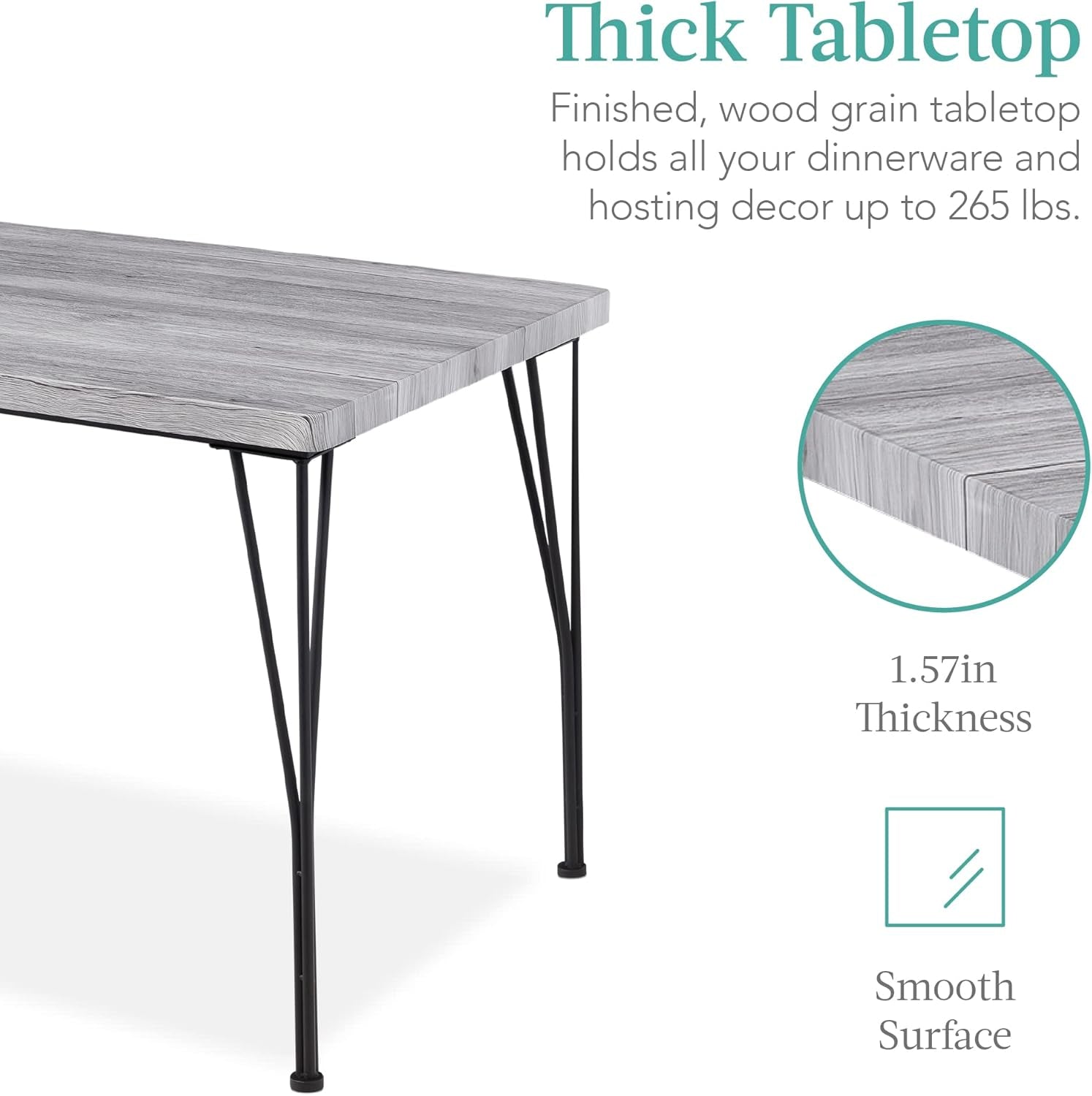 5-Piece Metal and Wood Indoor Modern Rectangular Dining Table Furniture Set for Kitchen, Dining Room, Dinette, Breakfast Nook W/ 4 Chairs - Gray