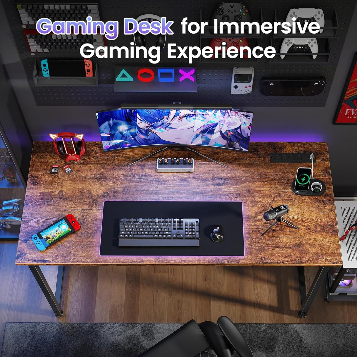 47 X 20 Inch Office Computer Desk with Power Outlets and USB-C Port, Larger Gaming Desk, for Home Office, Study, Bedroom, Writing Work from Home Table, Metal Frame, Rustic Brown