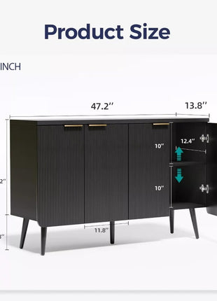 47.2" Contemporary Fluted Sideboard Cabinet with Four Doors, Wooden Storage Credenza with Shelves, Versatile Buffet Cabinet for Entryway, Dining, and Living Room, Black