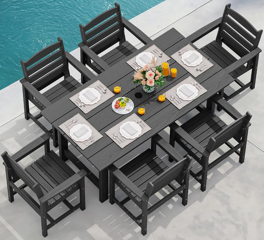 7-Piece Patio Dining Table Sets, Outdoor HDPE Dining Furniture Set with Umbrella Hole Cut-Out Table and 6 Chairs, Black