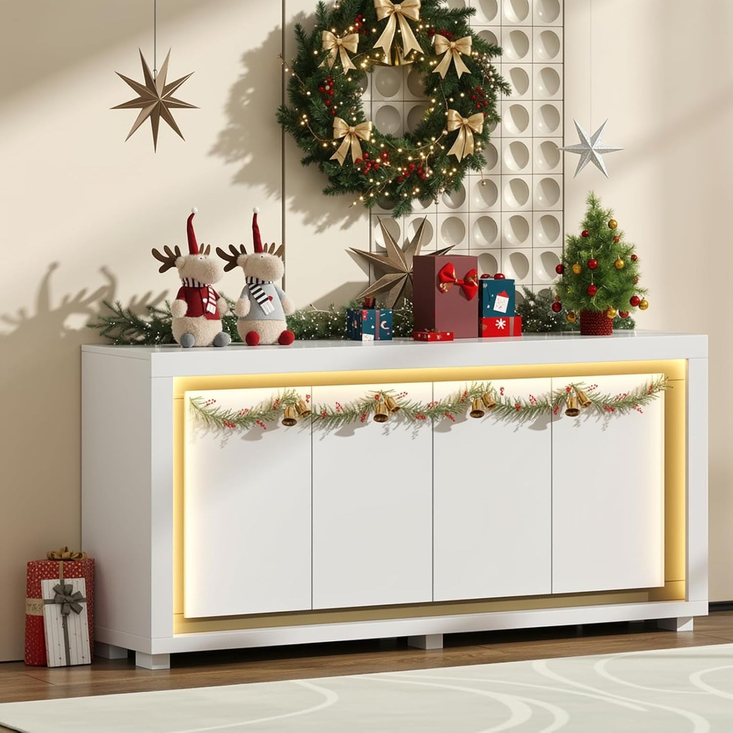 63"Sideboard Buffet Cabinet,Kitchen Buffet Storage Cabinet with Power Outlets & LED Light, Modern Storage Cabinet with 4 Doors,Coffee Bar Console Wine Bar for Living Room,Kitchen,Hallway (White)