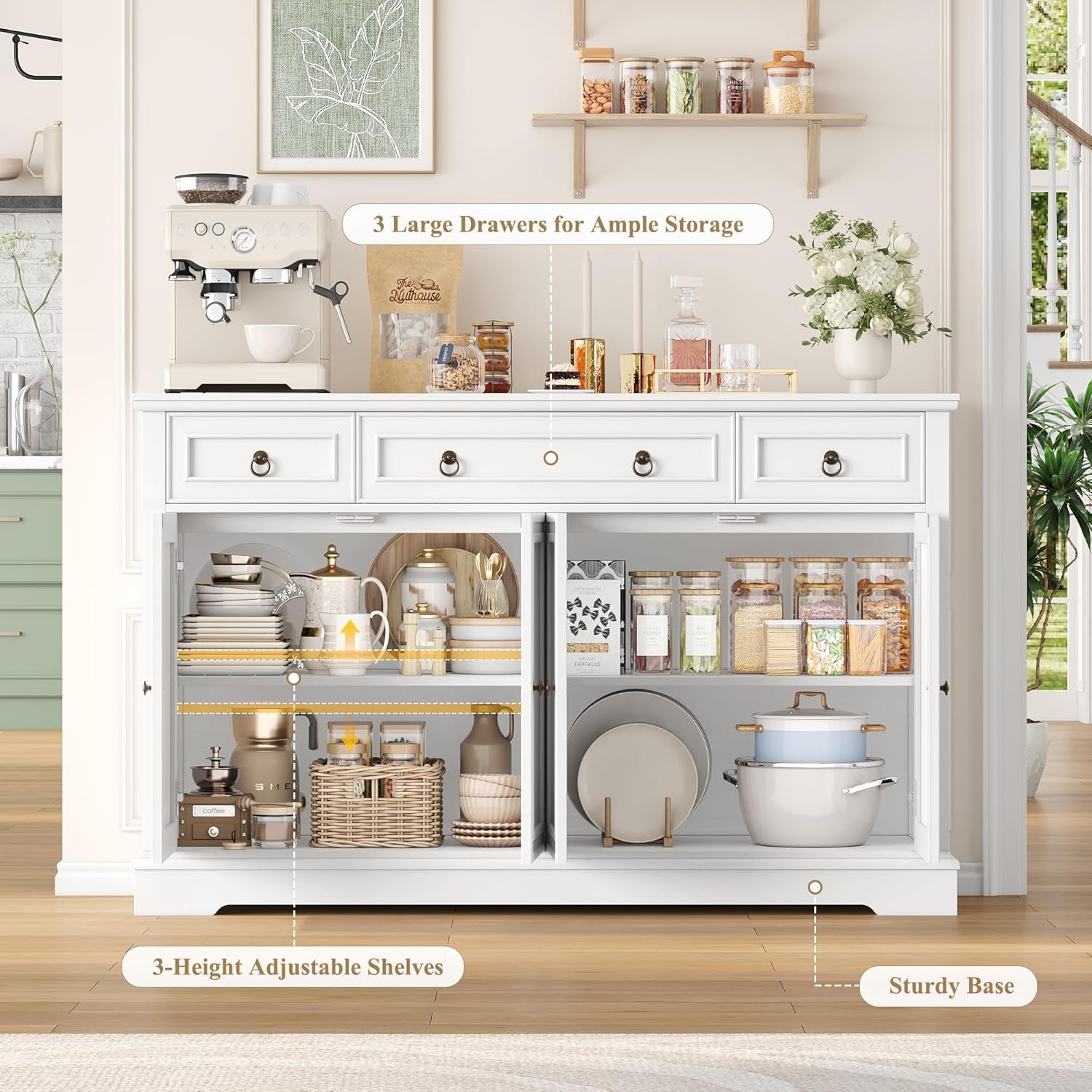 Buffet Cabinet with Storage, 52.7" Large Sideboard Buffet Cabinet, White Kitchen Cabinet with 3 Drawers and 4 Doors, Wood Coffee Bar for Kitchen Dining Room, White