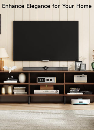 86.6" Contemporary TV Stand with Power Outlet for TVs up to 90 Inches, Entertainment Center with Storage and Adjustable Shelves, Walnut Finish and Sliding Doors for Living Room