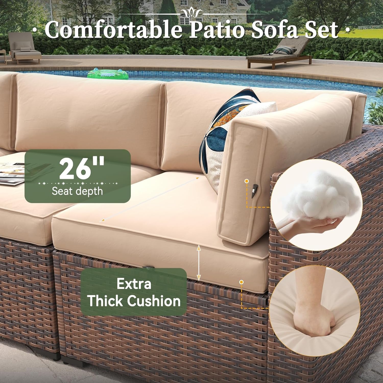 8 Piece Patio Furniture Set with 44” Fire Pit Table Wicker Rattan Outdoor Sectional Sofa Set with Coffee Table and Thickened Cushions, Beige (Waterproof Cover Included)