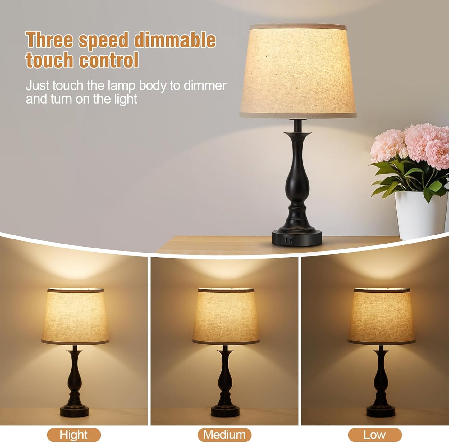 Bedside Table Lamp Touch Control Bedroom Lamps with USB a and C Charging Port 3 Way Dimmable Touch Lamps for Nightstand Living Room Bedroom Dorm Home Office Reading, Set of 2