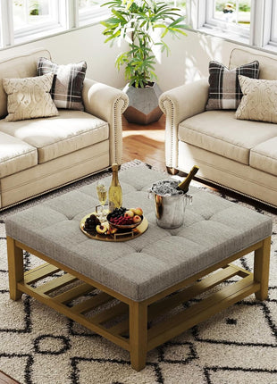 Large Square Ottoman Coffee Table with Solid Wood Shelf Storage and Upholstered Linen Footrest, Tufted Design for Living Room and Bedroom
