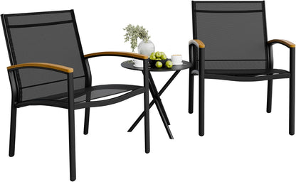 3 Pieces Patio Bistro Sets, Outdoor Textilene Fabric Conversation Bistro Set, Textilene Fabric Front Porch Chairs Small Patio Furniture Set with Table for Lawn,Garden,Balcony (Black)