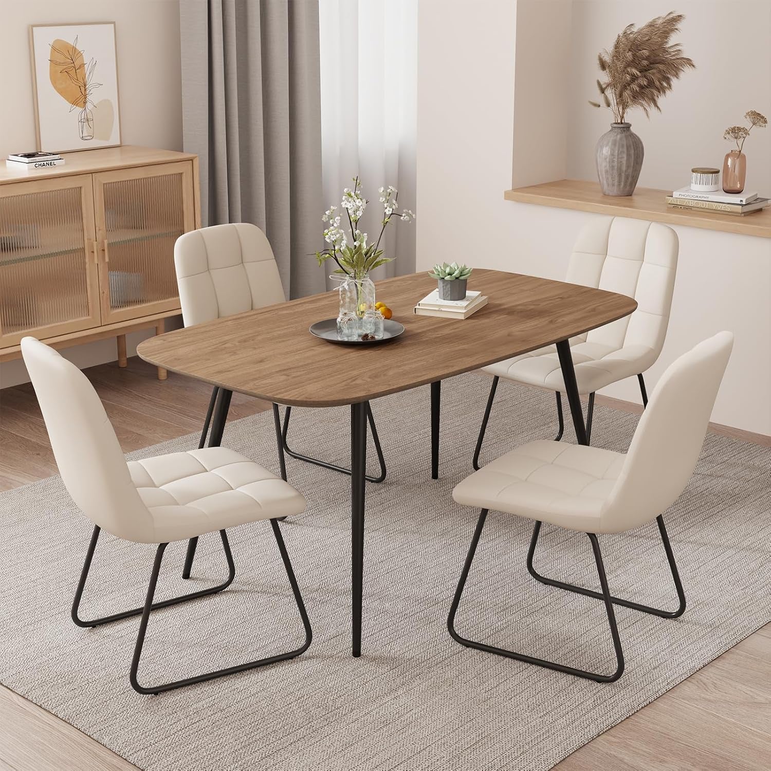 47.2'' Dining Table Set for 4,Modern Wood Dining Table,Leather Dining Chairs 4,Table and Chairs Set of 4,Ideal for Kitchen Dining Room (Walnut Color Table + 4 U-Shaped White Chairs, 47.2")