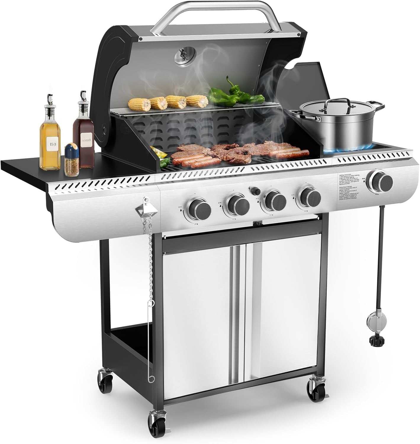 4-Burner Gas Grill with Side Burner,Stainless Steel Propane Grill with Porcelain-Enameled Grills,Built-In Thermometer,42000Btu BBQ Grill for Outdoor Cooking and Patio Barbecues
