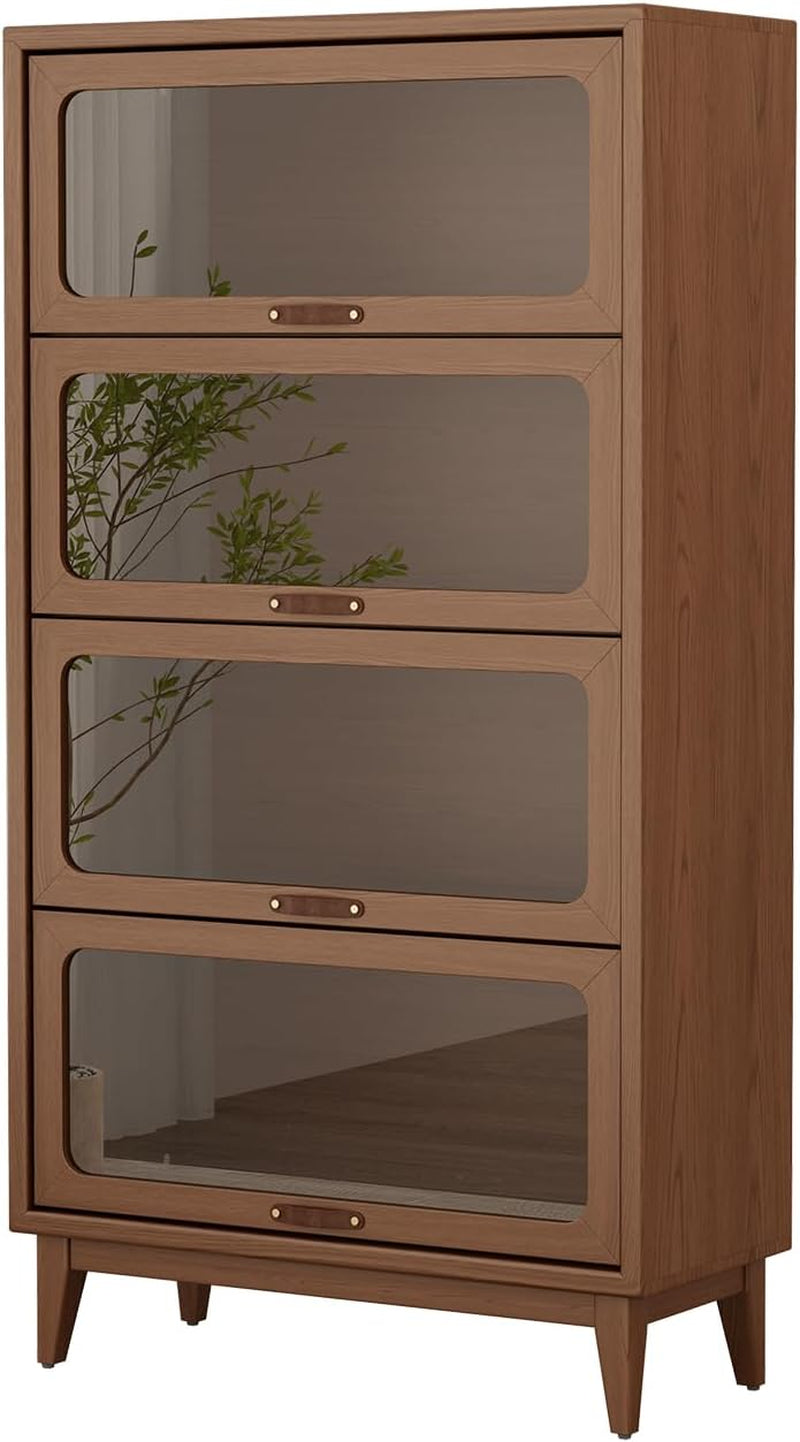 Solid Wood Bookcase 4-Tire with Tempered Glass Flip-Up Doors,60Hx13.7Dx32W Bookshelves Finish Cube Storage Organizer,Bookshelf Versatile Pantry Cabinet for Living Room Home Office