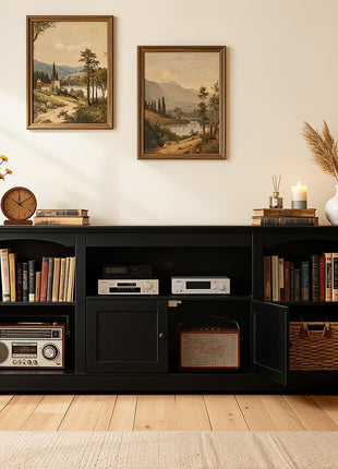 71-Inch Contemporary Farmhouse TV Stand for TVs up to 80 Inches with Arched Cabinet Doors and Adjustable Open Storage Shelves, Media Console Table for Living Room in Black