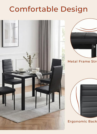 5-Piece Dining Table Set for Four with Tempered Glass Top and Upholstered PU Chairs, Space-Saving Metal Frame Design for Home and Kitchen in Black