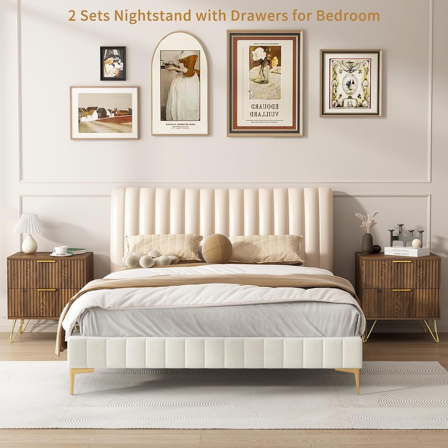 7 Drawer Dresser and Nightstand Sets for Bedroom, 3 Pcs Bedroom Set，Night Stand Set of 2 & 7 Drawer Dresser with Gold Handles, Wood Chest of Drawers Mid Century Storage Cabinet Set, Natural