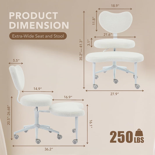 Ergonomic Cross Legged Chair with Wheels,360° Swivel Meditation Chair,Adhd Chair, Criss Cross Desk Chair with Lumbar Support and Adjustable Stool, Flexible Design for Fidgety Sitters, Ivory