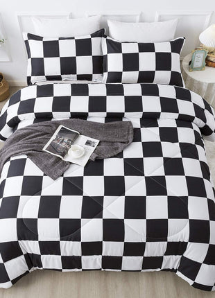 Twin Checkered Comforter Set (66x90 Inches) - Black and White Plaid Gingham Bedding for Teens and Kids, Lightweight Polyester Geometric Design, 2 Pieces