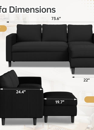 Modern 3-Seat Reversible Sectional Sofa with Convertible Ottoman in Ribbed Fabric - L-Shaped Couch for Small Spaces, Ideal for Apartments, Studios, and Offices - Easy Assembly - Black