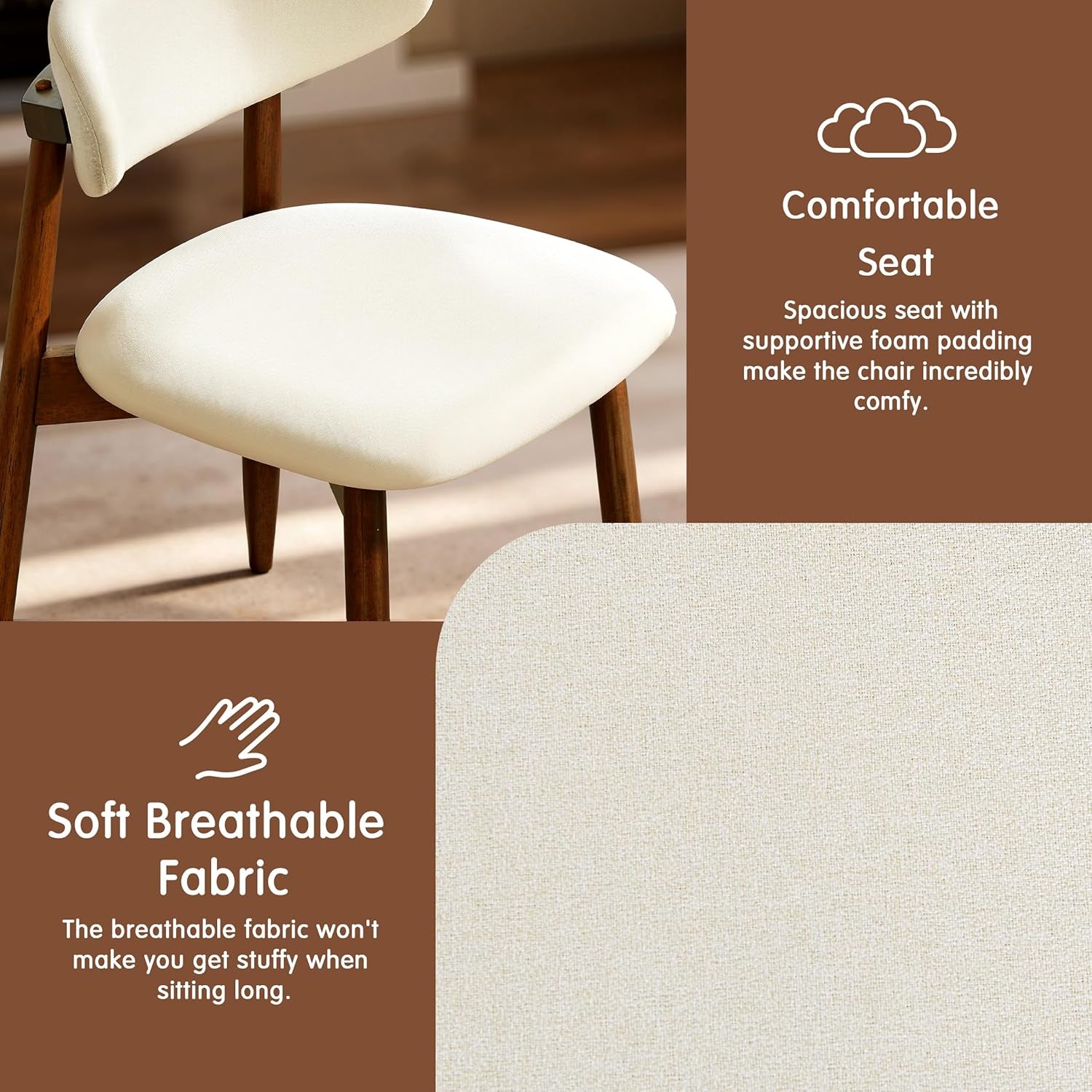 Dining Chairs Set of 4, Upholstered Wooden Dining Room Chairs, Mid Century Modern Fabric Kitchen Chair with Ergonomic Curved Backrest, Beige (Only Chairs)