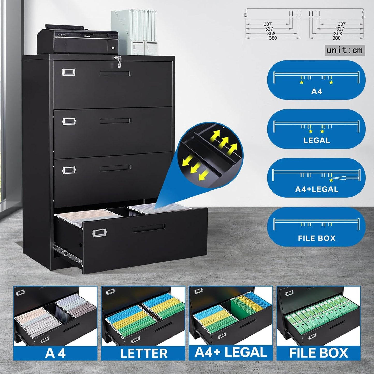 4 Drawer Filing Cabinet with Lock Metal Lateral File Cabinet Office Home Steel Lateral File Cabinet for A4 Legal/Letter Size Wide Metal Cabinet Locked,Assembly Required (4 Drawer, Black)