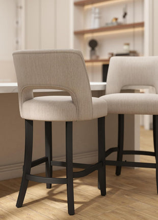 Set of 2 Modern Upholstered Counter Height Bar Stools, 26" with Black Legs, Beige Fabric for Kitchen Island and Dining Room