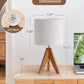 Tripod Table Lamp, Small Cute Bedside Lamp with Linen Beige Lampshade, Nightstand Lamp for Nursery, Bedroom, Kid Room, Living Room, Light Brown Wooden Base, E26 Socket, 14.2 Inch