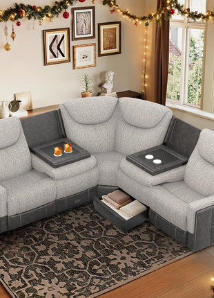 Elegant Manual Recliner Sectional Sofa with Flip Middle Backrest, USB Ports, and Cup Holders, Grey Linen & Chocolate Leather Finish, Accommodates Up to 5 Seats